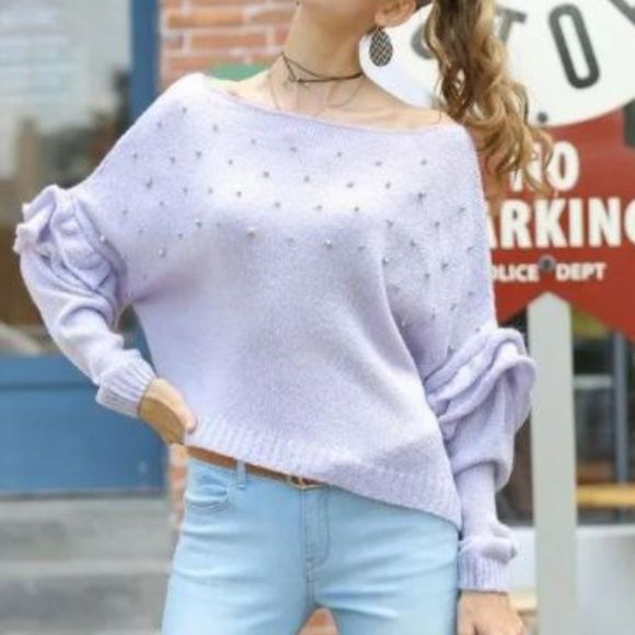YesStyle Sweaters - Ruffled Sleeve Beaded Knit Top